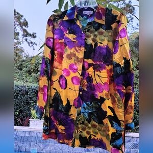 NWT European Luxury Silk Long Slv Button-Up Top, Fruits & Floral Womens Sz XL 1X